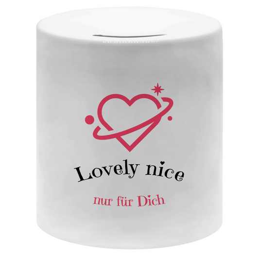 Money box -Druck mit Herz und "Lovely nice"-